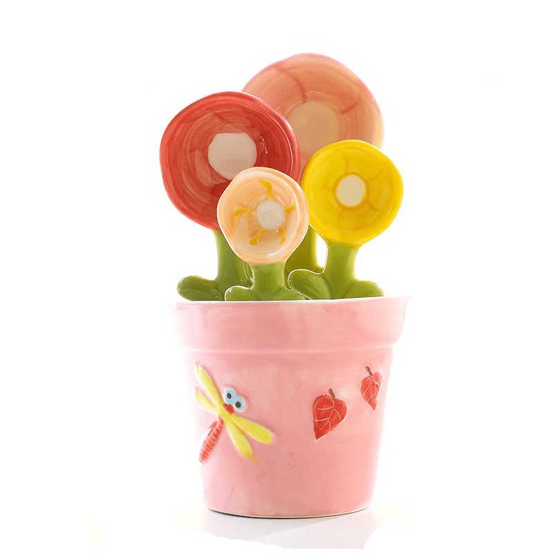 4-pack söta keramiska mätskedar med blommotiv och bas