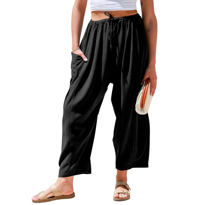 Womens Linen Wide Leg Pants Casual Loose Fit Beach Palazzo Harem Pants with Pockets Spring Summer Style