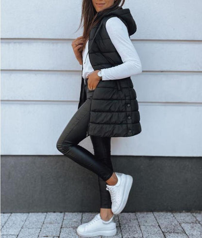❄️ Women Long Puffer Vest 👗 | Solid Color | Sleeveless | Hooded | Winter Wear 💕