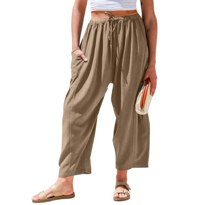 Womens Linen Wide Leg Pants Casual Loose Fit Beach Palazzo Harem Pants with Pockets Spring Summer Style