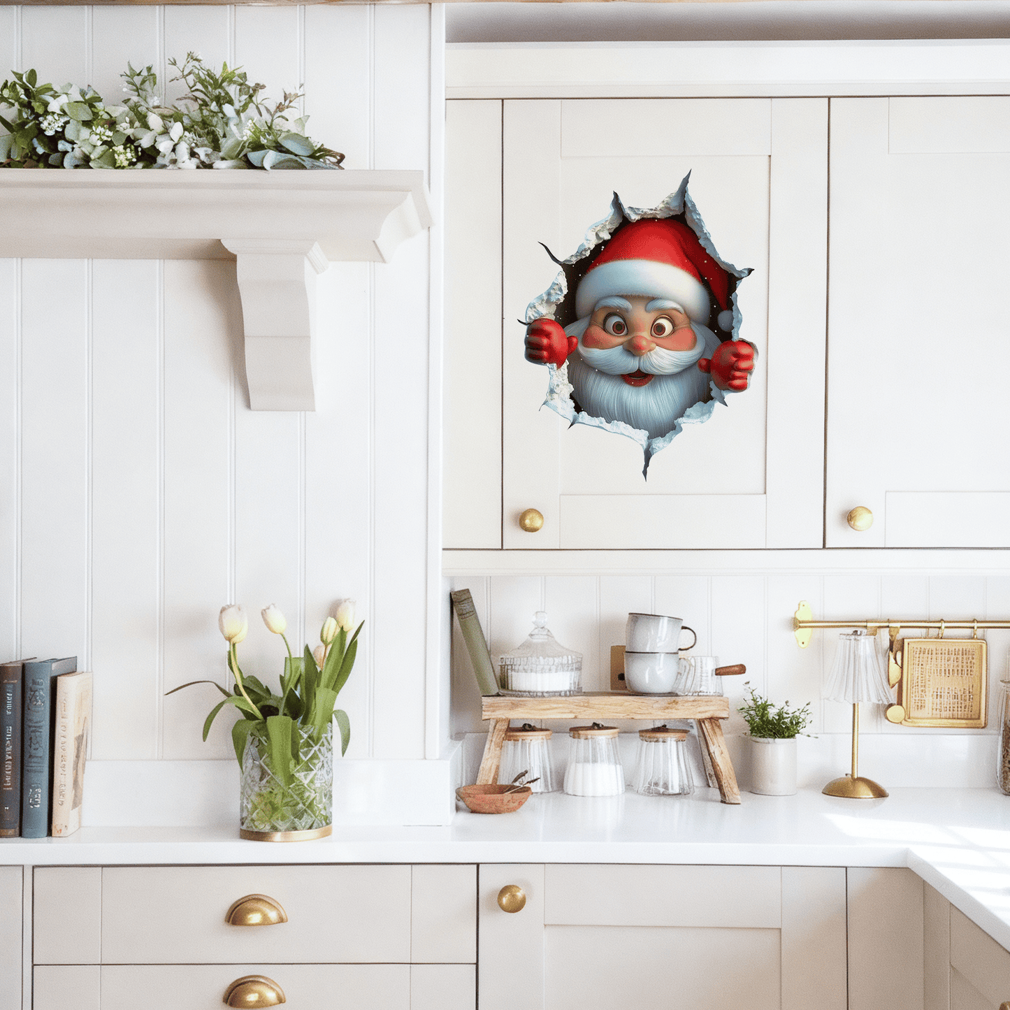 🎄3D-klistermärke med jultomten som tränger igenom väggen🎅