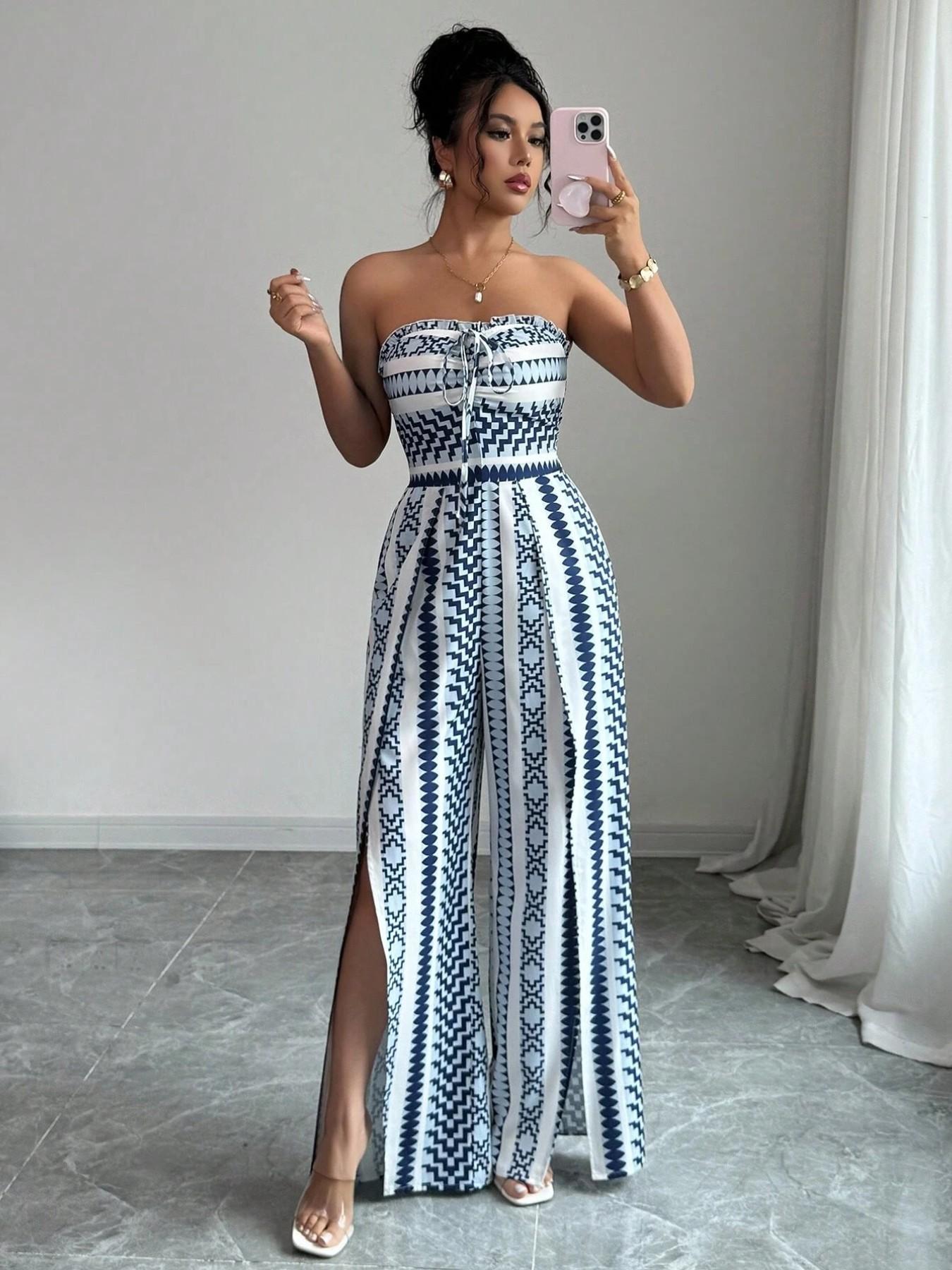 👗 50% RABATT NU! 💥 Geometrisk jumpsuit med halterneck och sidosprund – Unikt tryck och resår baktill – Mångsidig, perfekt för sommarfester eller resortkläder ✨