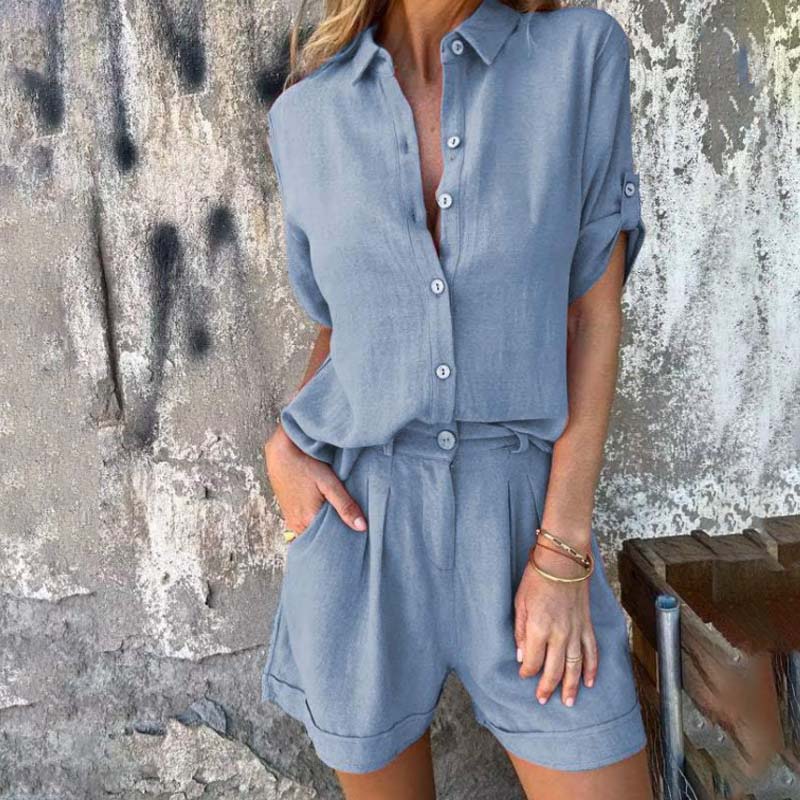 kortärmad shorts i bomull och linne för kvinnor Casual kostym🌬️