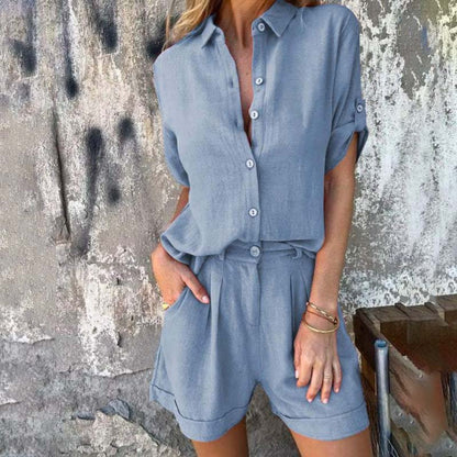 kortärmad shorts i bomull och linne för kvinnor Casual kostym🌬️