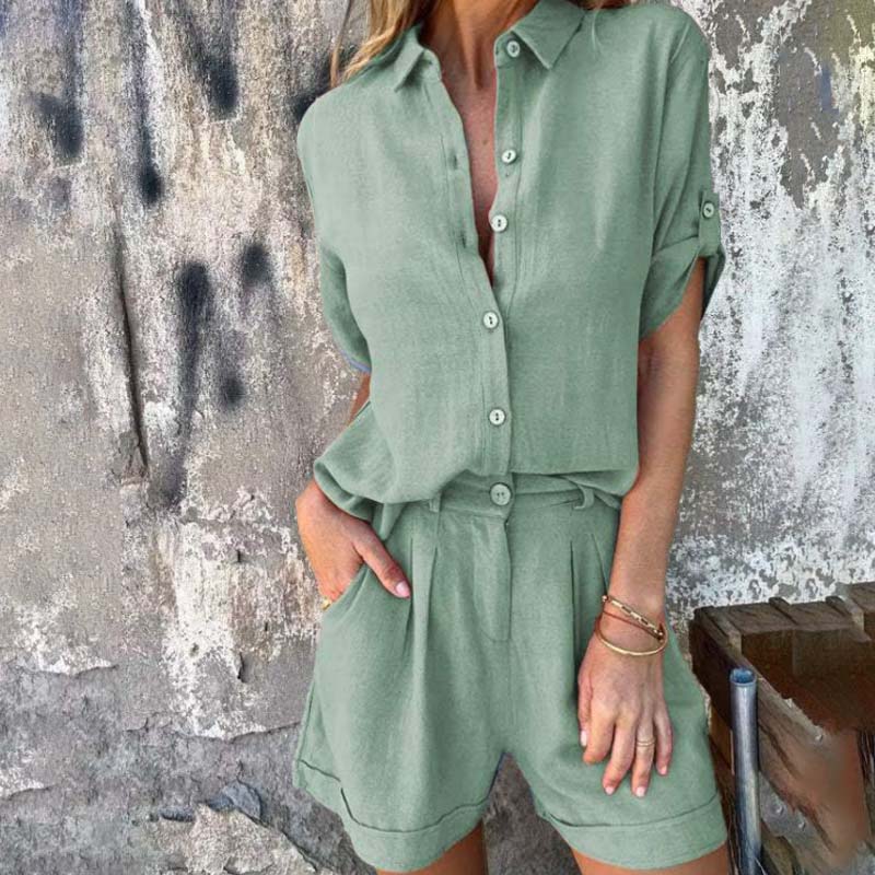 kortärmad shorts i bomull och linne för kvinnor Casual kostym🌬️