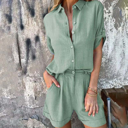 kortärmad shorts i bomull och linne för kvinnor Casual kostym🌬️