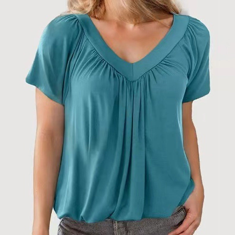 Casual plisserad skjorta för kvinnor med kort V-ringning
