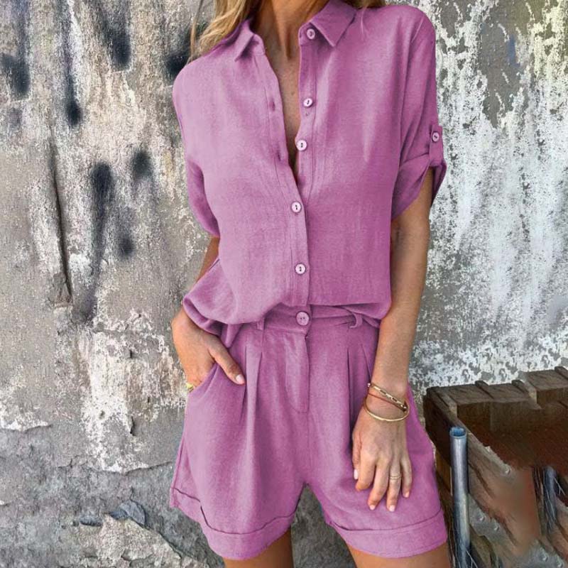 kortärmad shorts i bomull och linne för kvinnor Casual kostym🌬️
