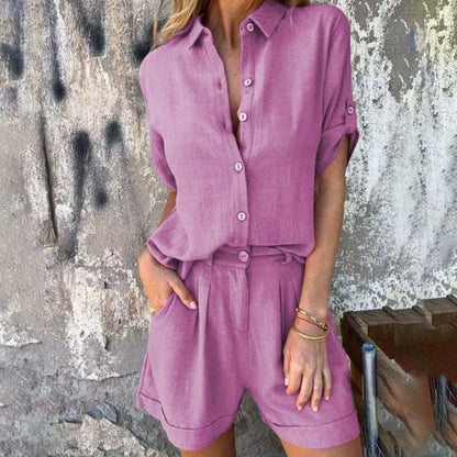 kortärmad shorts i bomull och linne för kvinnor Casual kostym🌬️