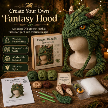 🐉✨ Fantasy-huva virkningsset för DIY | Mjukt premiumgarn med steg-för-steg-instruktioner | Bärbar karaktärshuva 🧶🎭