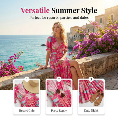 🌺Sommar rea 60% RABATT💐💃V-ringad blommig lös maxiklänning