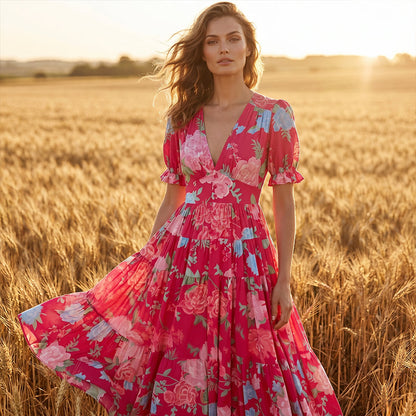 🌺Sommar rea 60% RABATT💐💃V-ringad blommig lös maxiklänning