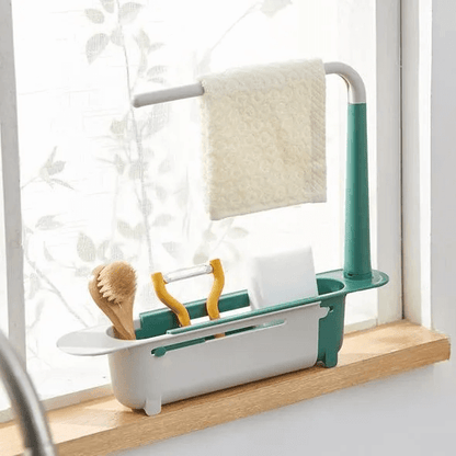 ⏳🔥TIDSBEGRÄNSAT 50% RABATT! ⏰Uppdaterat teleskopiskt diskbänksställ – justerbar passform, ventilerat avlopp & handduksstång – Håll din diskbänk ren & snygg ✨