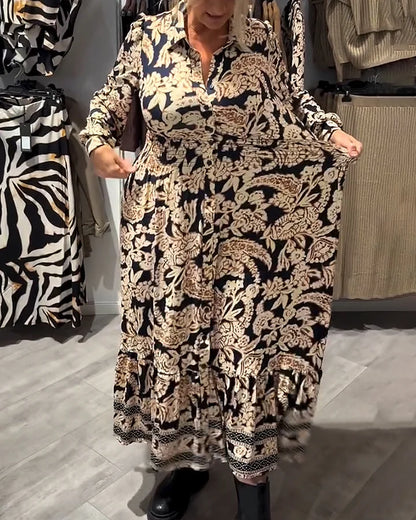 🔥🎁Nyhet 50 % RABATT🔥💖Vintageblommig skjortklänning med midjeknäppning