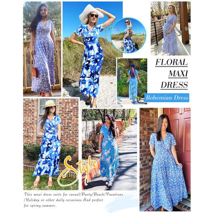 👗2026 Sommarrea 49% RABATT🌈 Dam V-ringad ankellång blommig strandklänning med fickor🎀