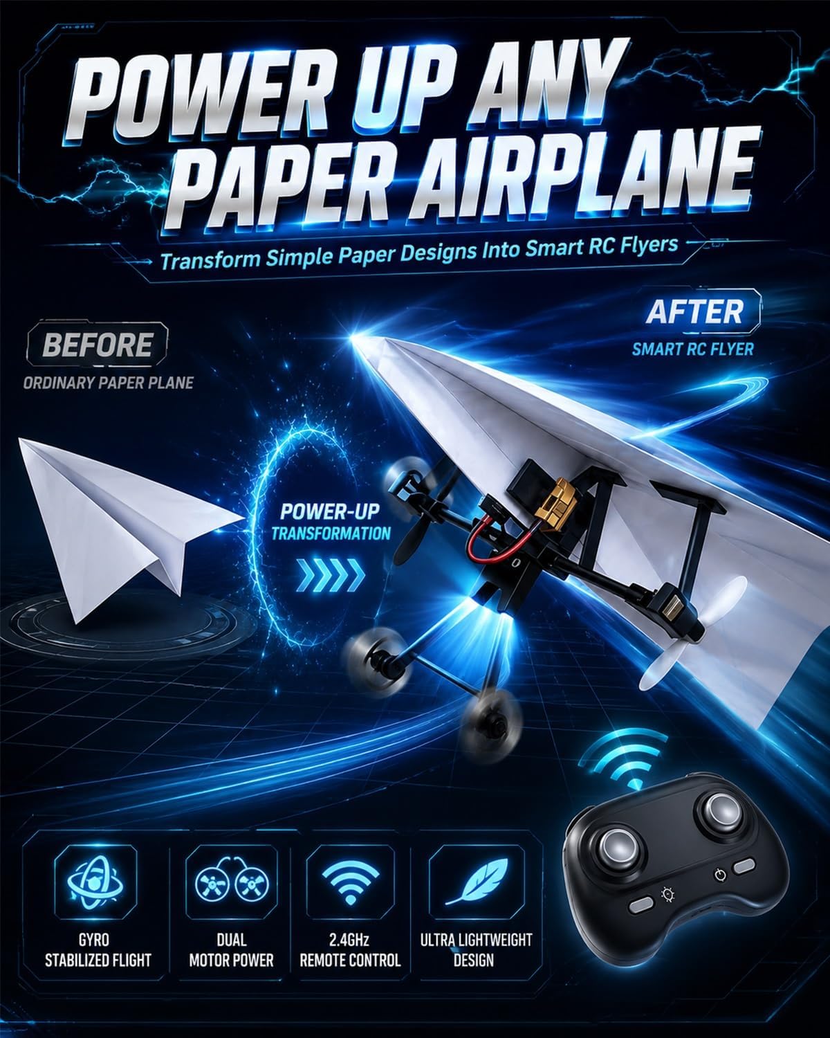 Up RC Pappersflygplansbyggsats med Gyro-stabilisator – DIY Elektriskt Fjärrstyrt Flygplan med Dubbla Propeller, Lätt Hopfällbar Flygande STEM-leksak