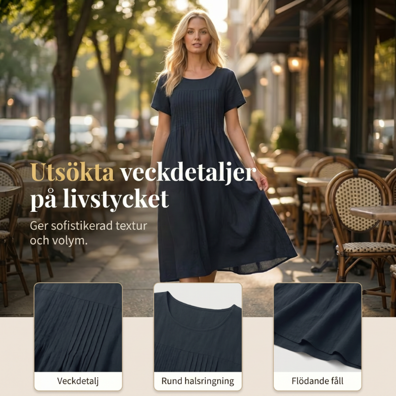 👗 50% RABATT! ✨ Plisserad Klänning för Kvinnor med Korta Ärmar & Fickor – Bomull-Linneblandning, Bekväm & Perfekt för Sommar ☀️