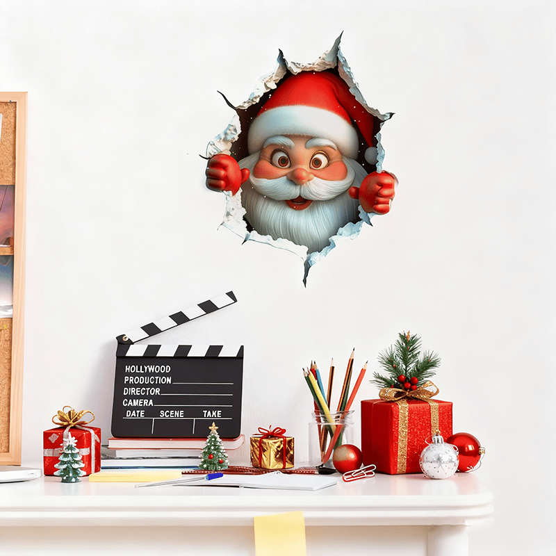 🎄3D-klistermärke med jultomten som tränger igenom väggen🎅