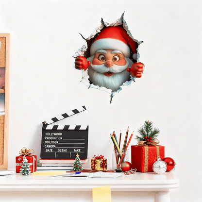 🎄3D-klistermärke med jultomten som tränger igenom väggen🎅