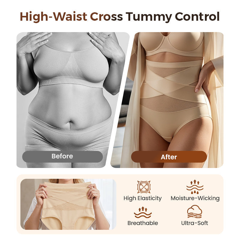 🌸Sista dagen - Köp 1 få 3-pack✨Plus-Size trosor med hög midja och korsade magkontroller