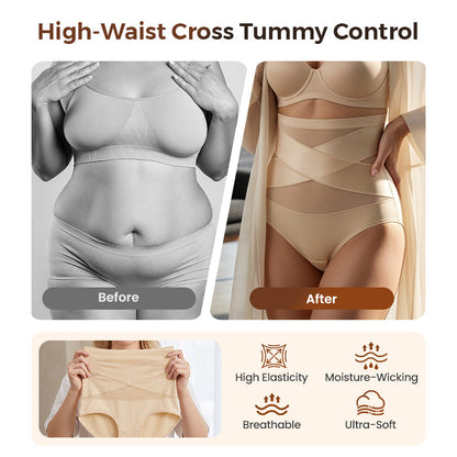 🌸Sista dagen - Köp 1 få 3-pack✨Plus-Size trosor med hög midja och korsade magkontroller