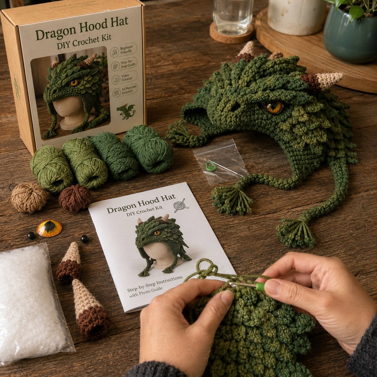 🐉✨ Fantasy-huva virkningsset för DIY | Mjukt premiumgarn med steg-för-steg-instruktioner | Bärbar karaktärshuva 🧶🎭