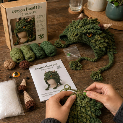 🐉✨ Fantasy-huva virkningsset för DIY | Mjukt premiumgarn med steg-för-steg-instruktioner | Bärbar karaktärshuva 🧶🎭