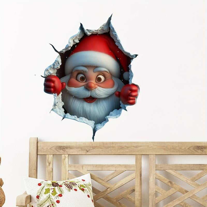 🎄3D-klistermärke med jultomten som tränger igenom väggen🎅