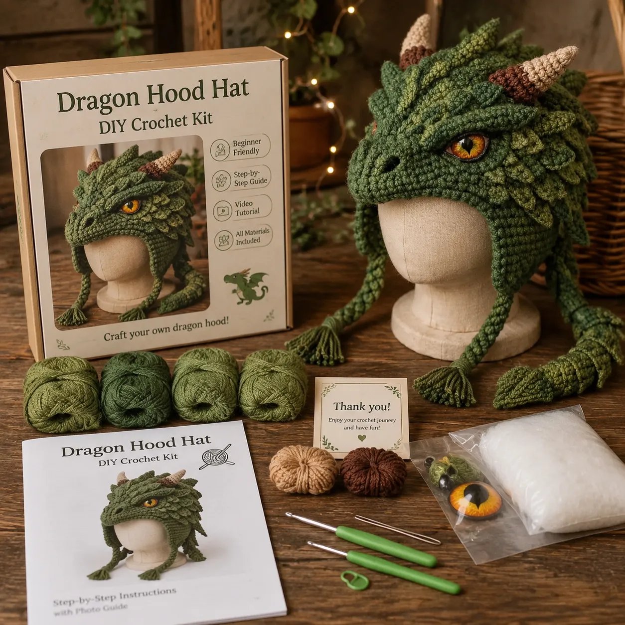 🐉✨ Fantasy-huva virkningsset för DIY | Mjukt premiumgarn med steg-för-steg-instruktioner | Bärbar karaktärshuva 🧶🎭