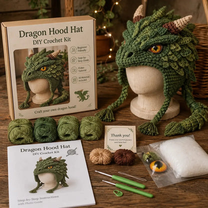🐉✨ Fantasy-huva virkningsset för DIY | Mjukt premiumgarn med steg-för-steg-instruktioner | Bärbar karaktärshuva 🧶🎭