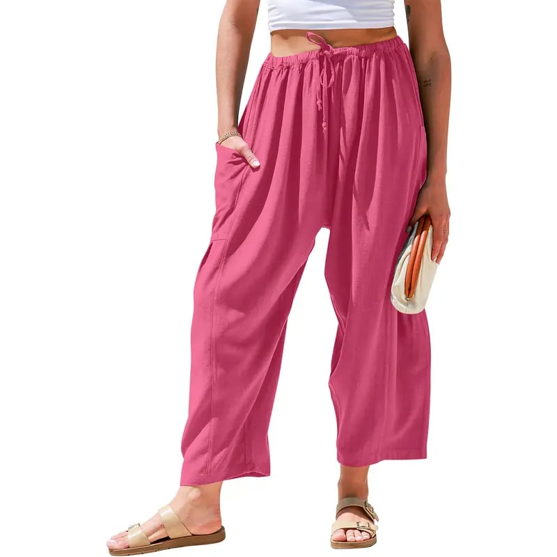 Womens Linen Wide Leg Pants Casual Loose Fit Beach Palazzo Harem Pants with Pockets Spring Summer Style