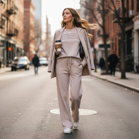🔥SISTA DAGEN REA 60% RABATT🧡Damernas set med Crew Neck-topp och byxor med dragsko