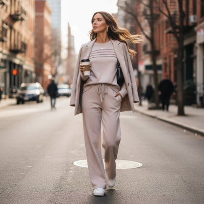 🔥SISTA DAGEN REA 60% RABATT🧡Damernas set med Crew Neck-topp och byxor med dragsko