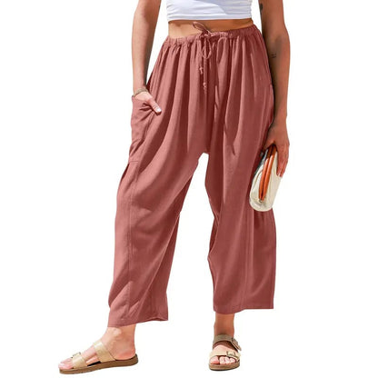 Womens Linen Wide Leg Pants Casual Loose Fit Beach Palazzo Harem Pants with Pockets Spring Summer Style