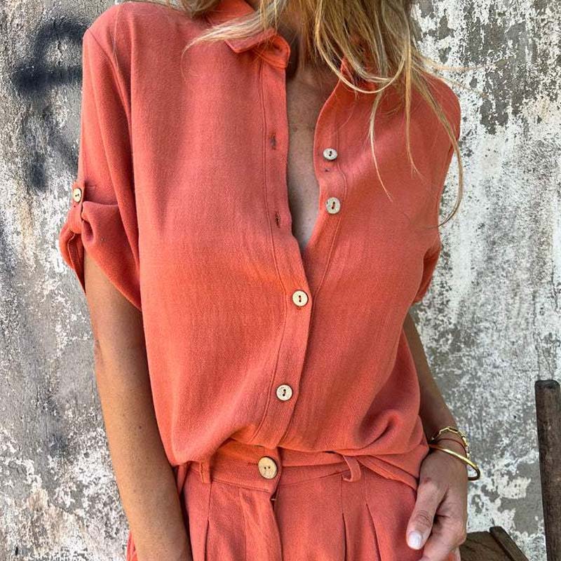 kortärmad shorts i bomull och linne för kvinnor Casual kostym🌬️