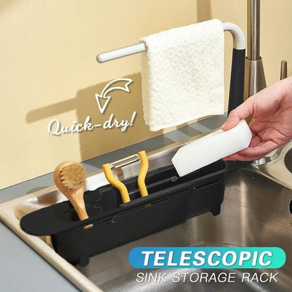 ⏳🔥TIDSBEGRÄNSAT 50% RABATT! ⏰Uppdaterat teleskopiskt diskbänksställ – justerbar passform, ventilerat avlopp & handduksstång – Håll din diskbänk ren & snygg ✨