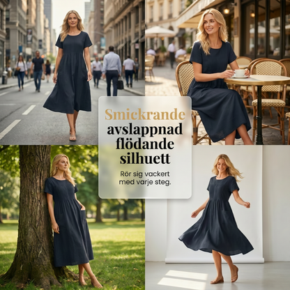 👗 50% RABATT! ✨ Plisserad Klänning för Kvinnor med Korta Ärmar & Fickor – Bomull-Linneblandning, Bekväm & Perfekt för Sommar ☀️