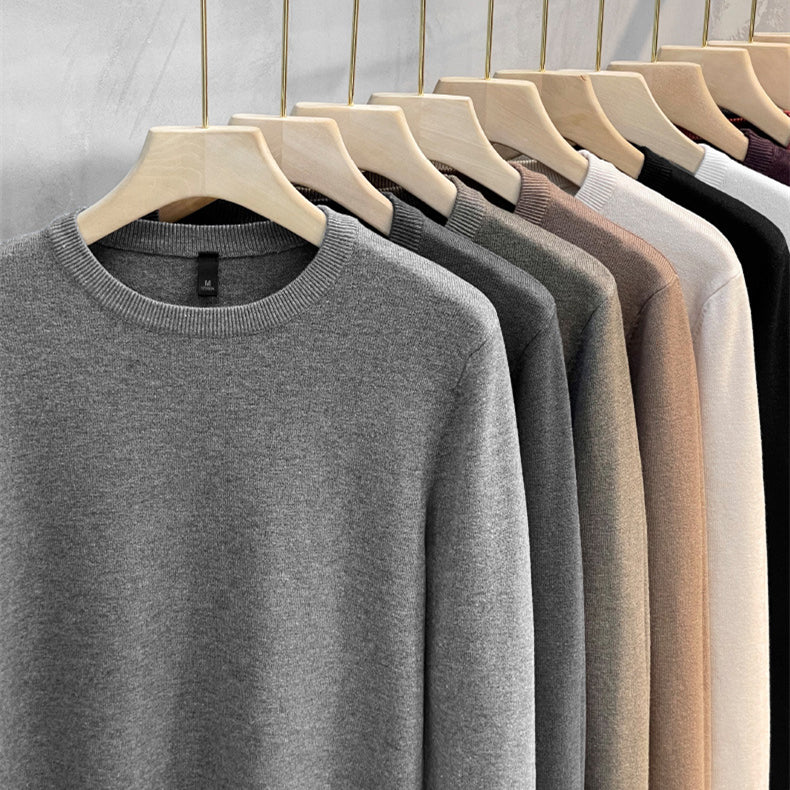 Enfärgad stickad bas-tröja med rund hals för herr