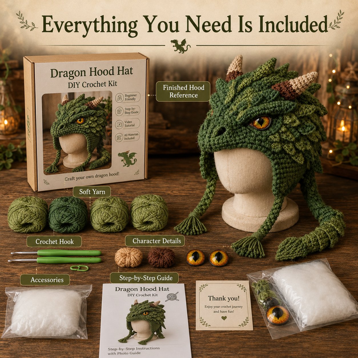 🐉✨ Gör-det-själv-virkningssats för fantasyhuva | Mjukt premiumgarn med steg-för-steg-instruktion | Bärbar karaktärshuva 🧶🎭✨3% rabattkod: NOR3