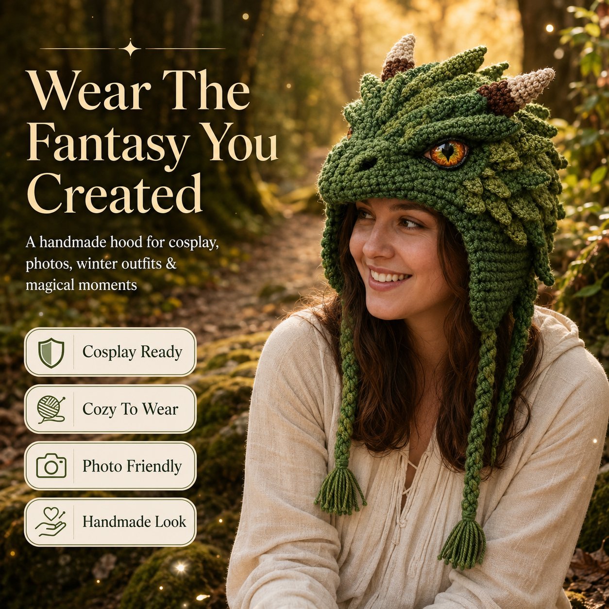 🐉✨ Gör-det-själv-virkningssats för fantasyhuva | Mjukt premiumgarn med steg-för-steg-instruktion | Bärbar karaktärshuva 🧶🎭✨3% rabattkod: NOR3
