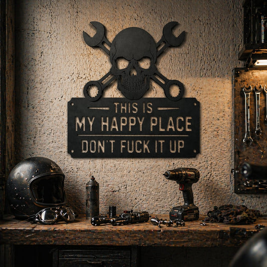 💀🛠️ Väggkonstskylt i metall med texten "This Is My Happy Place"🔥