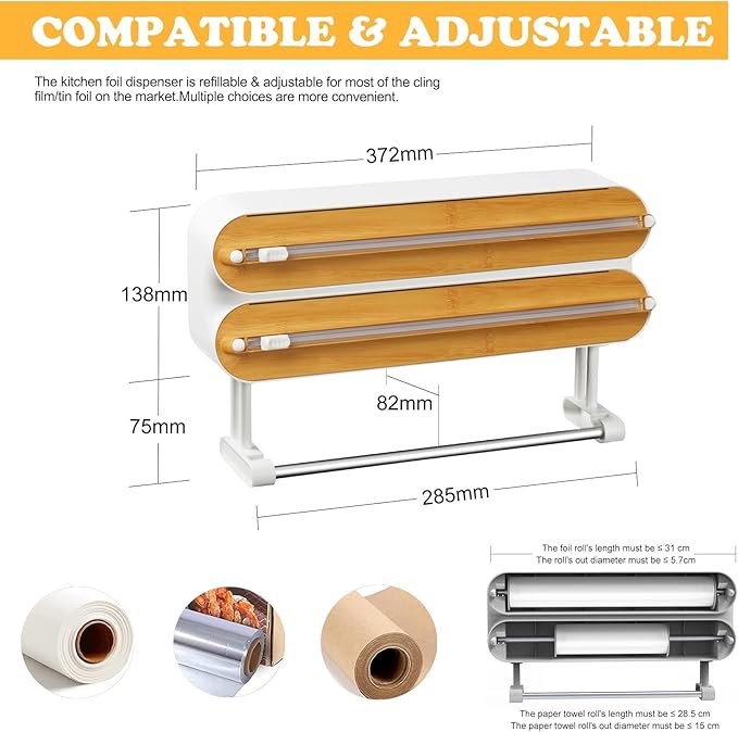 ✨3% rabattkod: NOR3✨Magnetic Cling Film Cutter – Kitchen Organizer for Foil and Cling Film; Wall-Mounted Holder Featuring Foil Cutting and Paper Towel Dispensing Functions