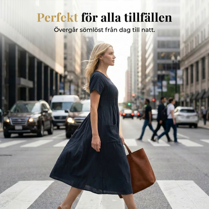 👗 50% RABATT! ✨ Plisserad Klänning för Kvinnor med Korta Ärmar & Fickor – Bomull-Linneblandning, Bekväm & Perfekt för Sommar ☀️