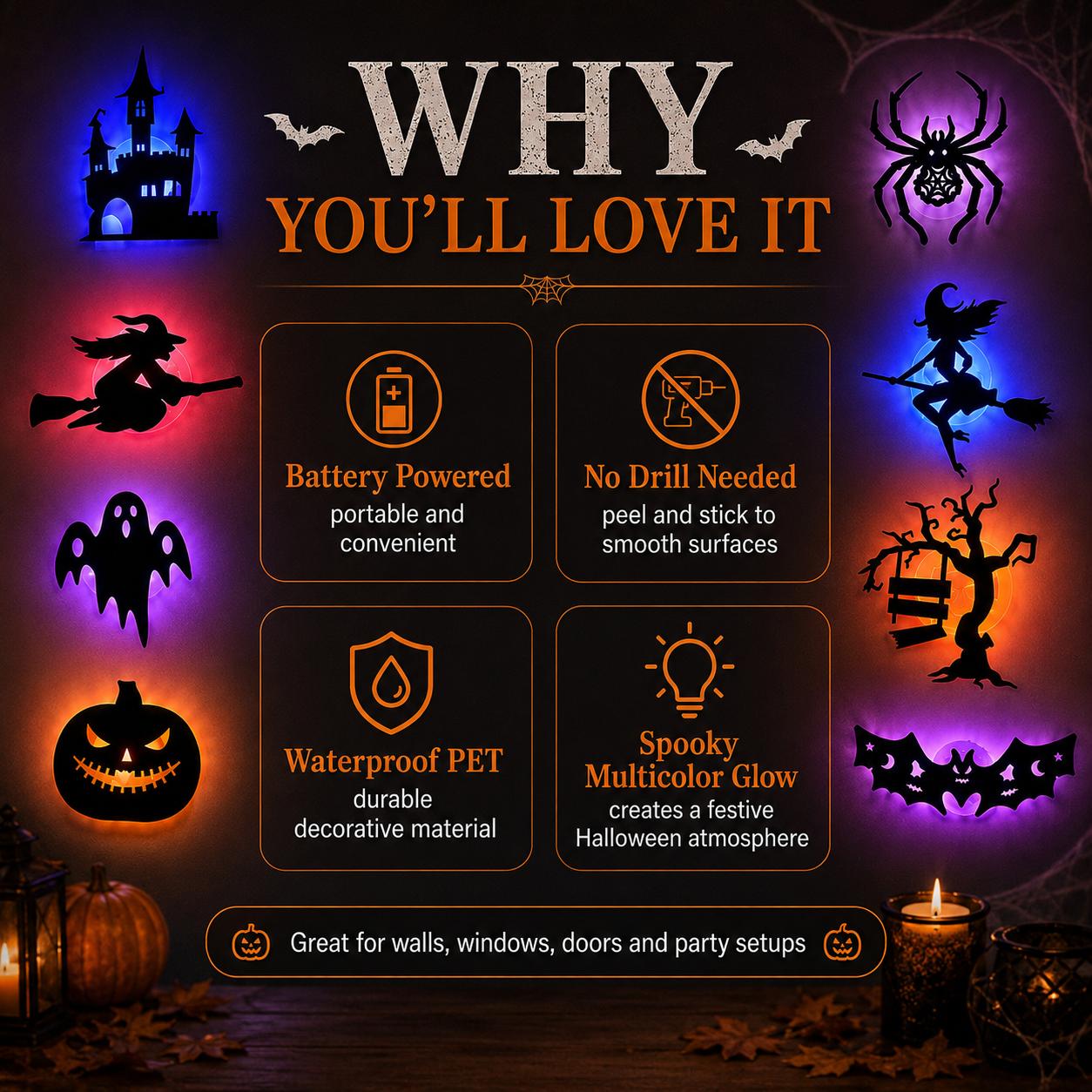 🔥SISTA DAGEN 49% RABATT | Hyresvänliga självhäftande Halloween LED-fönsterlampor, ingen borrning, inga rester, 8 kusliga silhuettdesigner