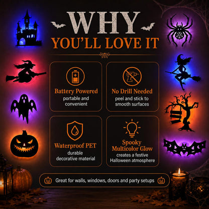 🔥SISTA DAGEN 49% RABATT | Hyresvänliga självhäftande Halloween LED-fönsterlampor, ingen borrning, inga rester, 8 kusliga silhuettdesigner
