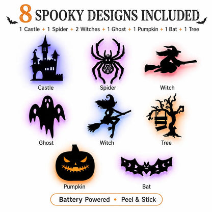 🔥SISTA DAGEN 49% RABATT | Hyresvänliga självhäftande Halloween LED-fönsterlampor, ingen borrning, inga rester, 8 kusliga silhuettdesigner