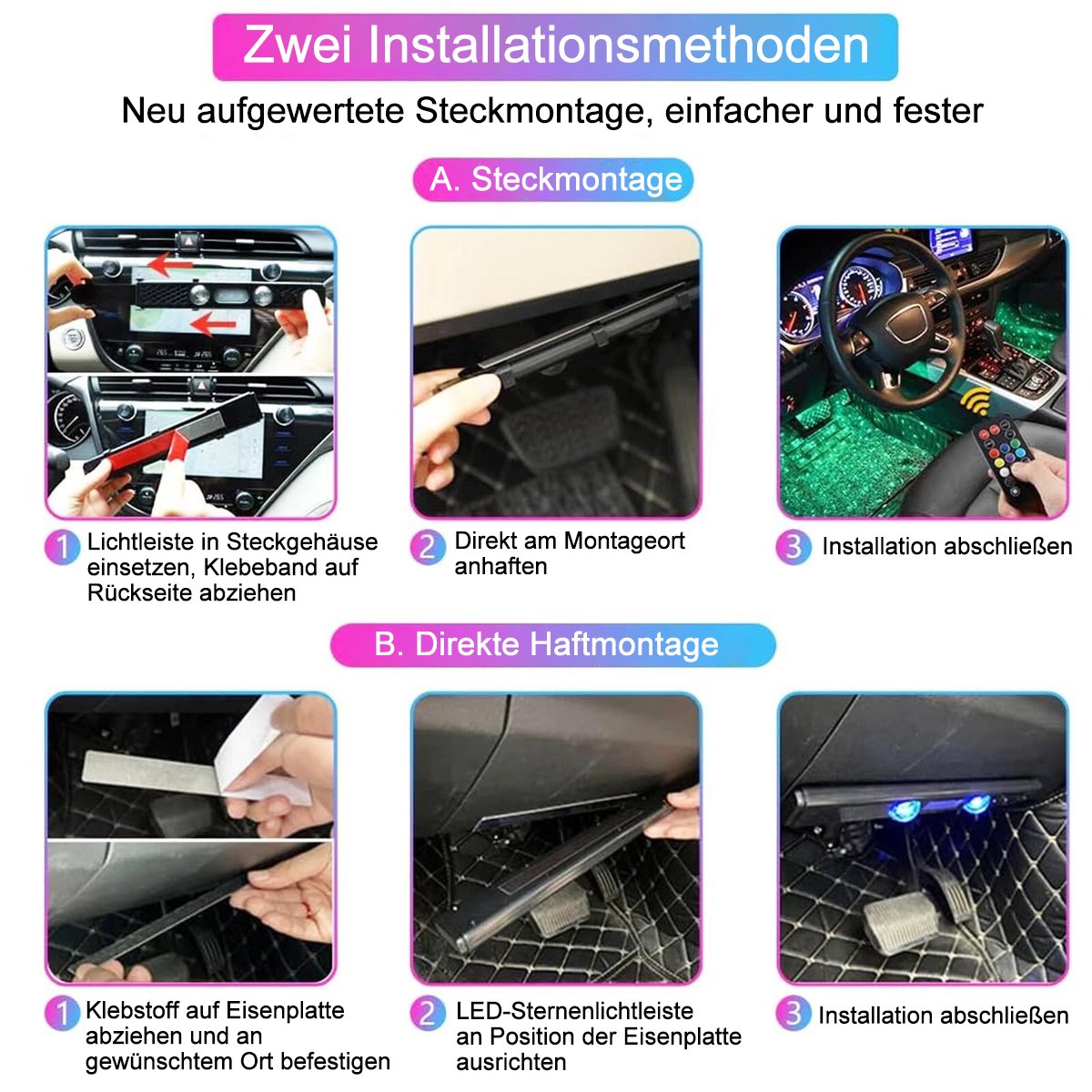 🚗 Trådlös RGB-stämningsbelysning för bilar | Musiksynkronisering | USB-strömförsörjning | Fjärrkontroll