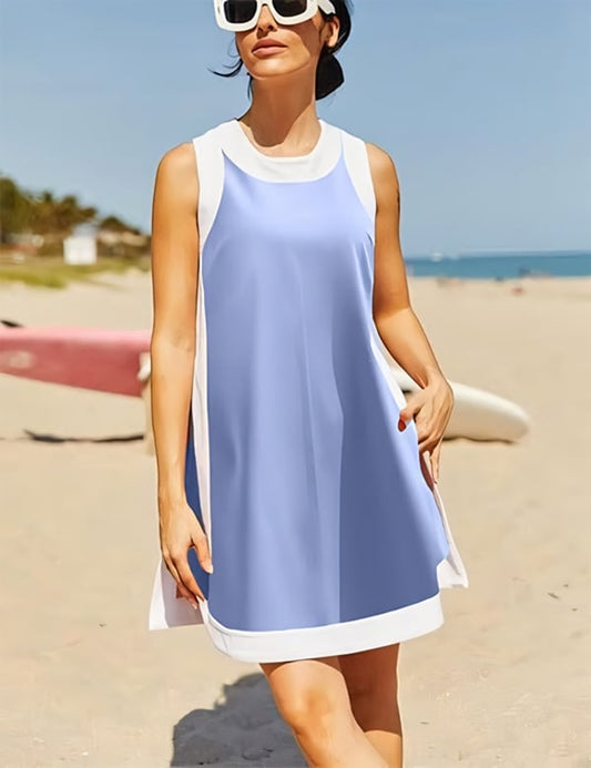 Women's 2-Piece Sets Color Block Crewneck Sleeveless Top + Skirt & Shorts w/ Pockets 🔥