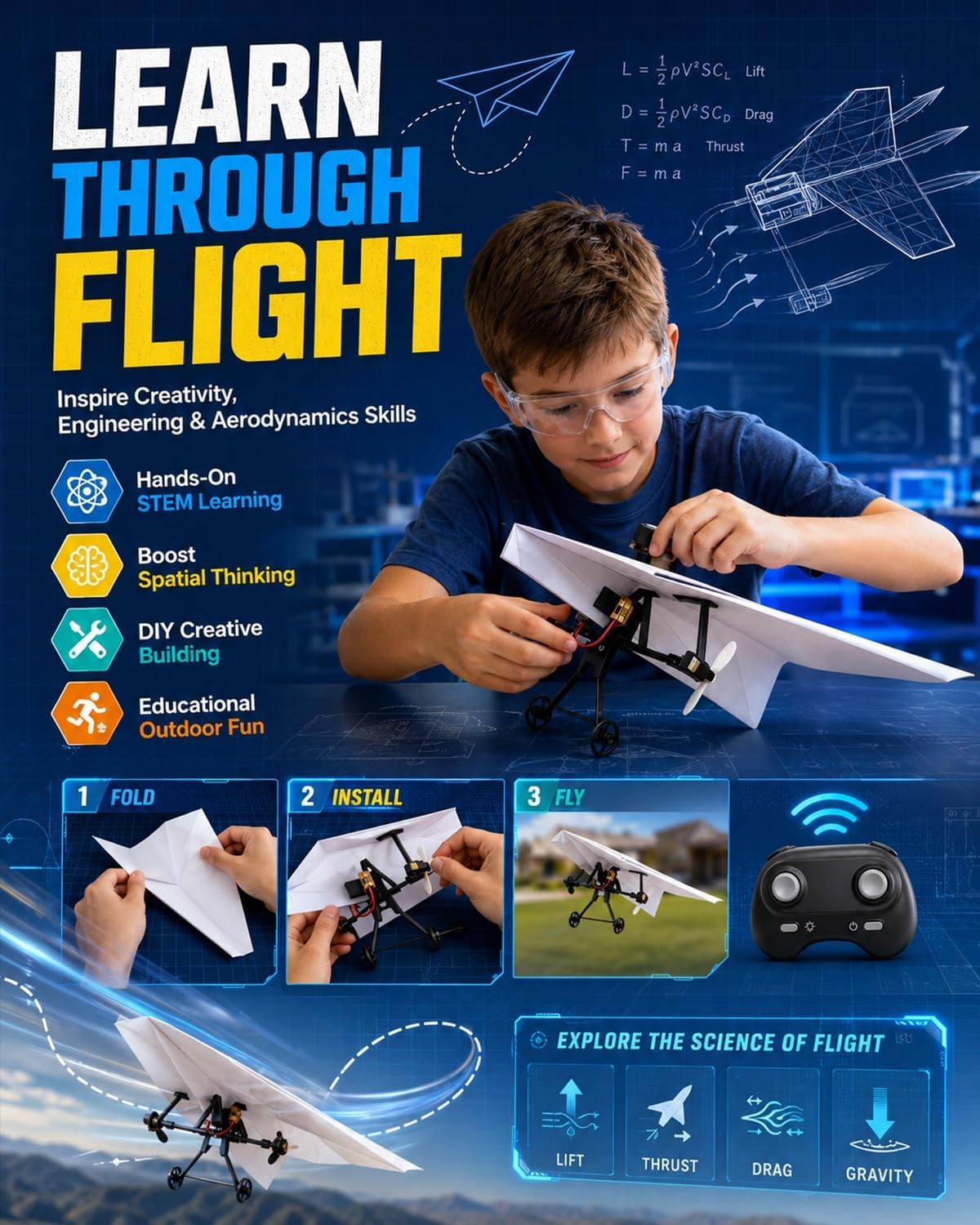 Up RC Pappersflygplansbyggsats med Gyro-stabilisator – DIY Elektriskt Fjärrstyrt Flygplan med Dubbla Propeller, Lätt Hopfällbar Flygande STEM-leksak