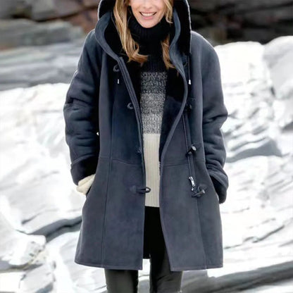Women Hooded Velvet Horn Button Coat